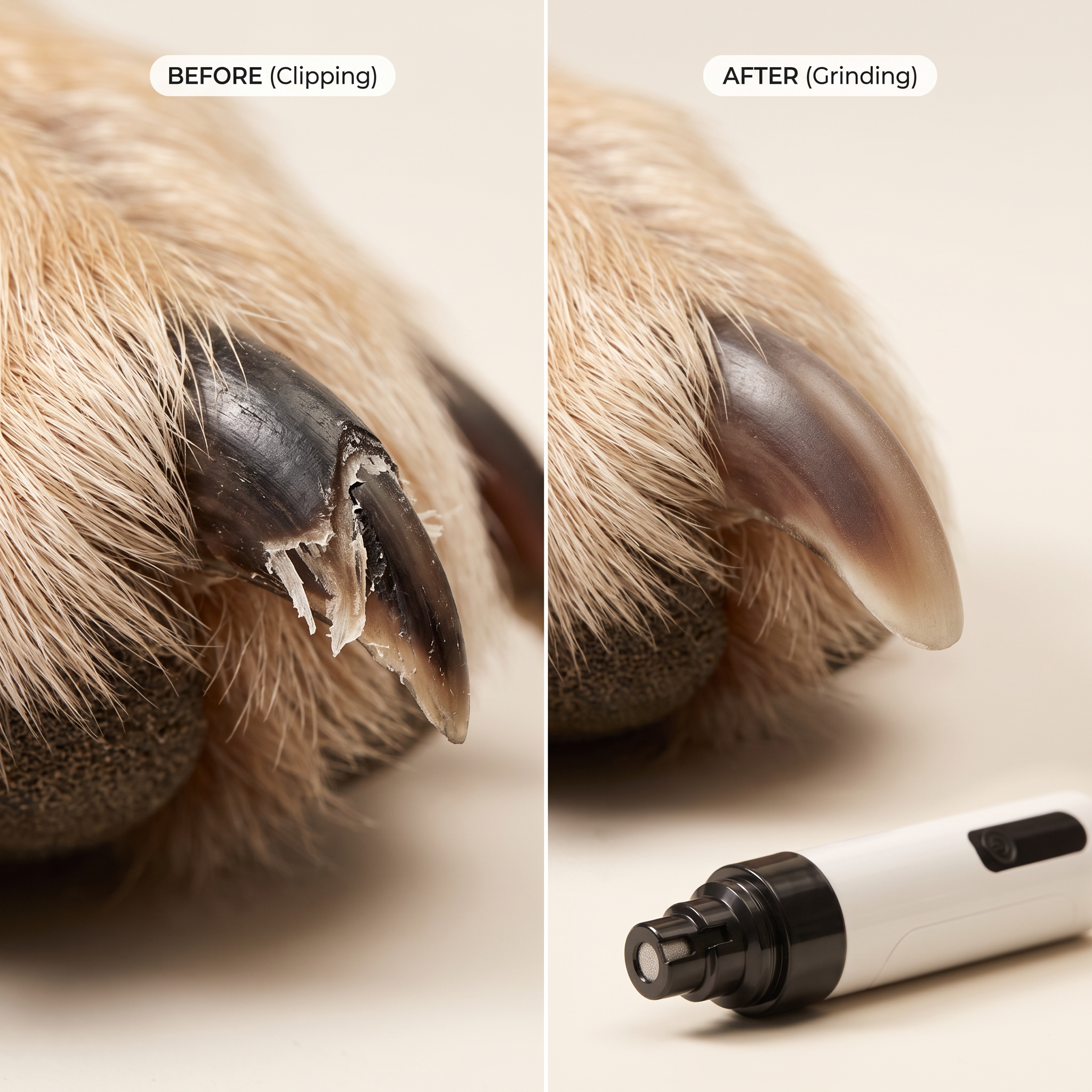 Before and after: sharp splintered nail vs smooth rounded nail